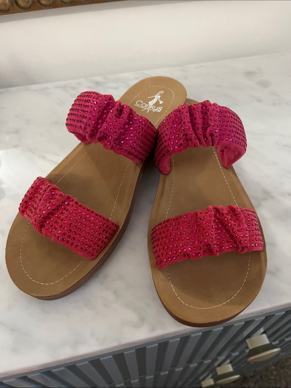 Corkys Hot Pink Rhinestone Double-Strap Slide Sandals